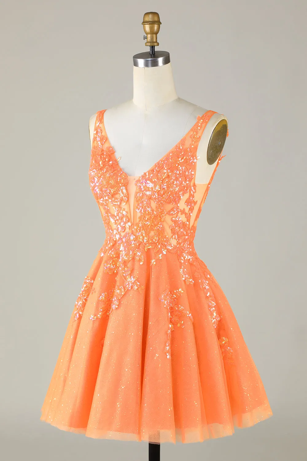 Glitter Orange A Line V Neck Sequins Short Homecoming Dress