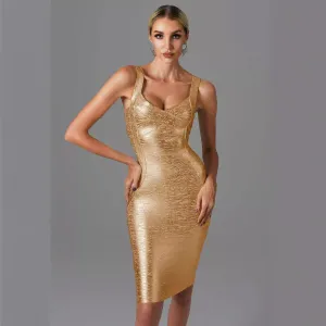 Gold Metallic Sleeveless Backless Bodycon Dress for Evening Parties