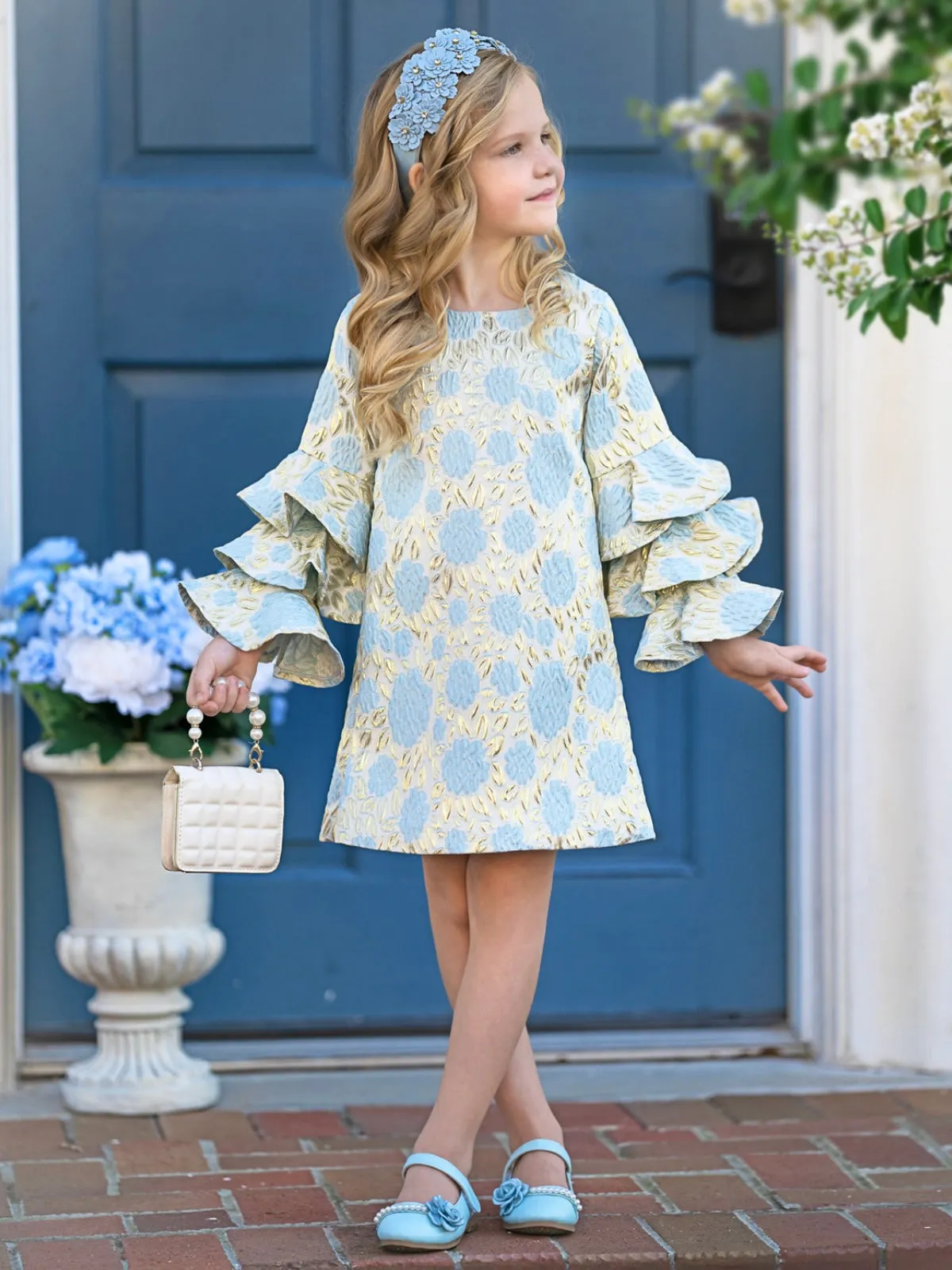 Golden Bloom Metallic Floral Ruffle Sleeve Dress