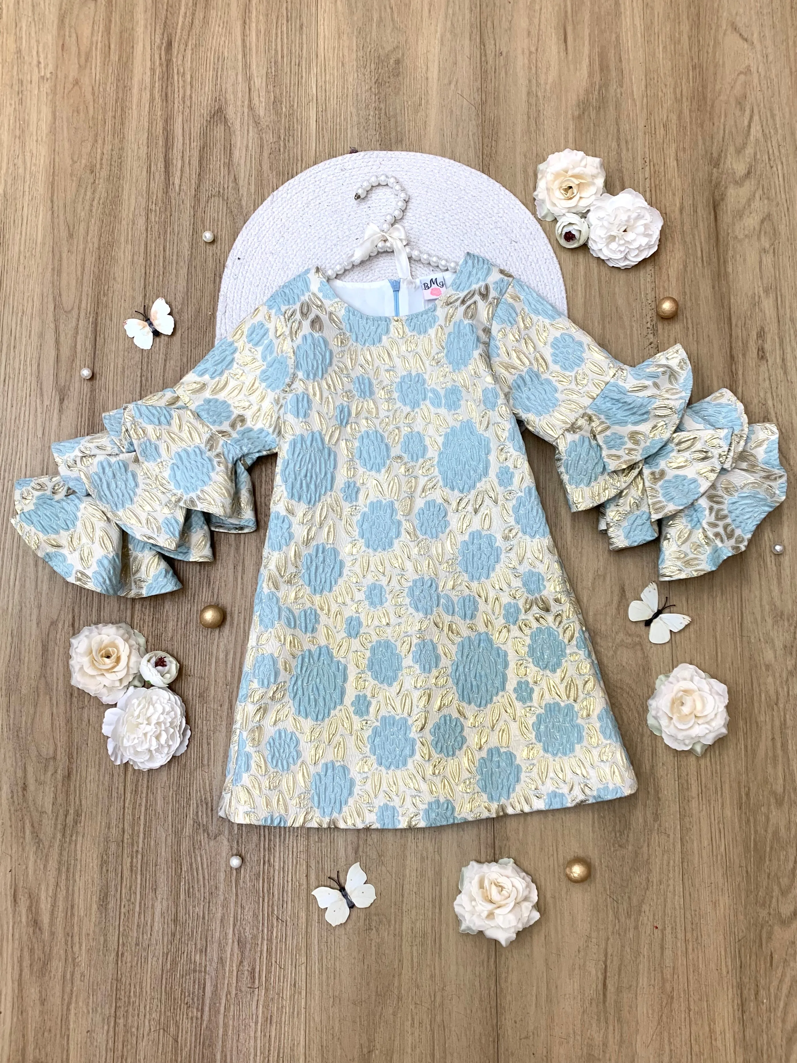 Golden Bloom Metallic Floral Ruffle Sleeve Dress