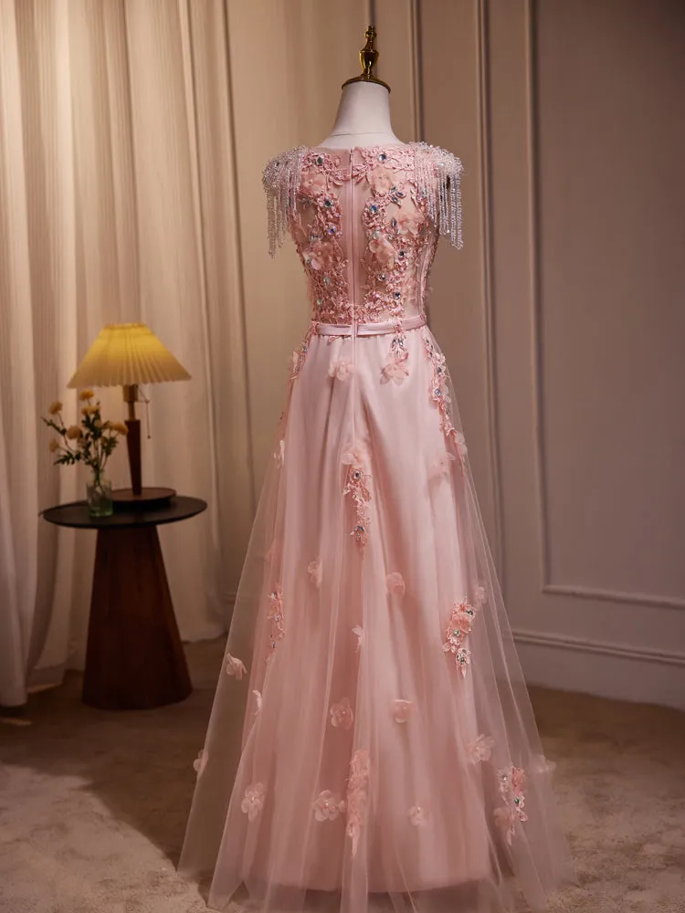 Gorgeous Pink A Line Floor Length Prom Dresses with Appliques  LJ0627OK
