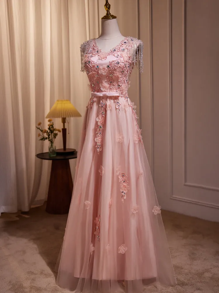 Gorgeous Pink A Line Floor Length Prom Dresses with Appliques  LJ0627OK