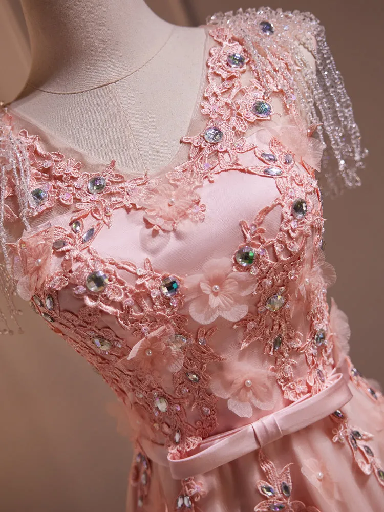 Gorgeous Pink A Line Floor Length Prom Dresses with Appliques  LJ0627OK