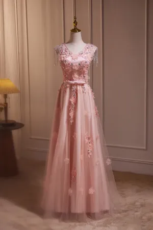 Gorgeous Pink A Line Floor Length Prom Dresses with Appliques  LJ0627OK