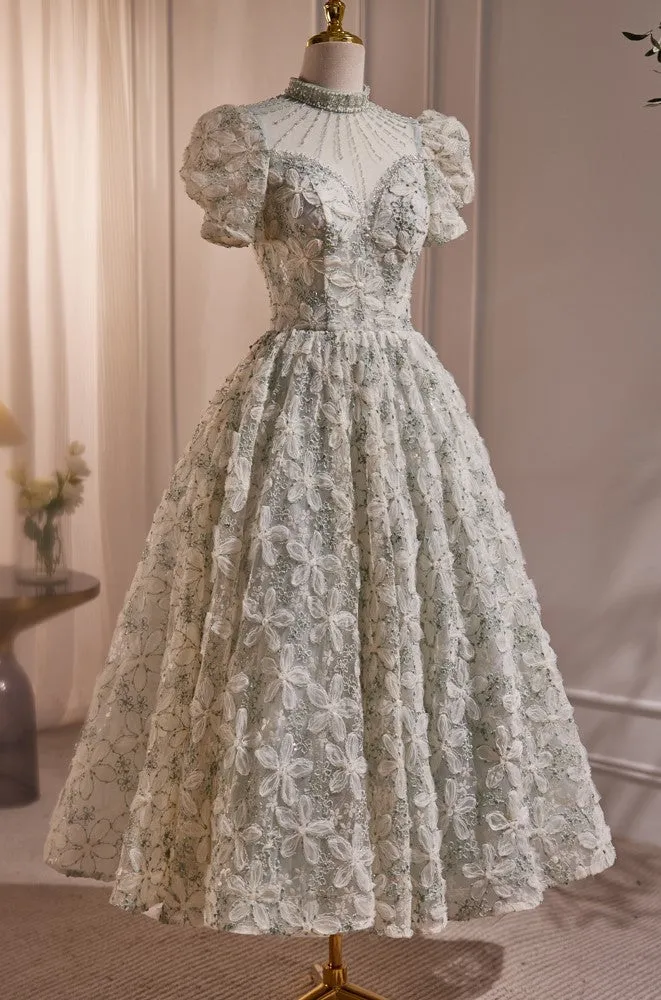 Gorgeous Short Sleeves Prom Dress with Beads and Floral Appliques  LJ0610OK