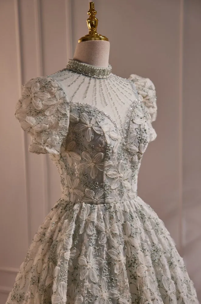 Gorgeous Short Sleeves Prom Dress with Beads and Floral Appliques  LJ0610OK