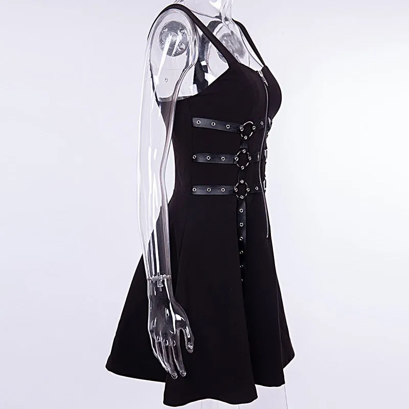 Gothic Black Mini Dress with Buckles