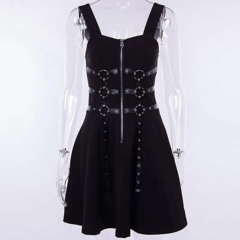Gothic Black Mini Dress with Buckles