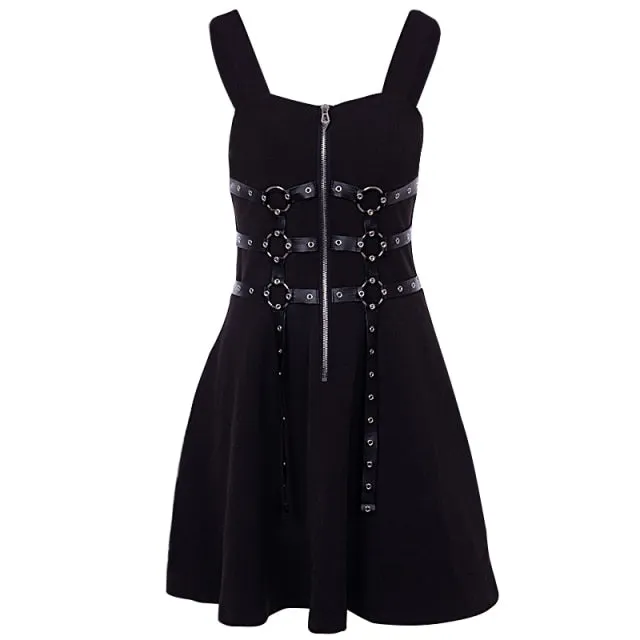 Gothic Black Mini Dress with Buckles