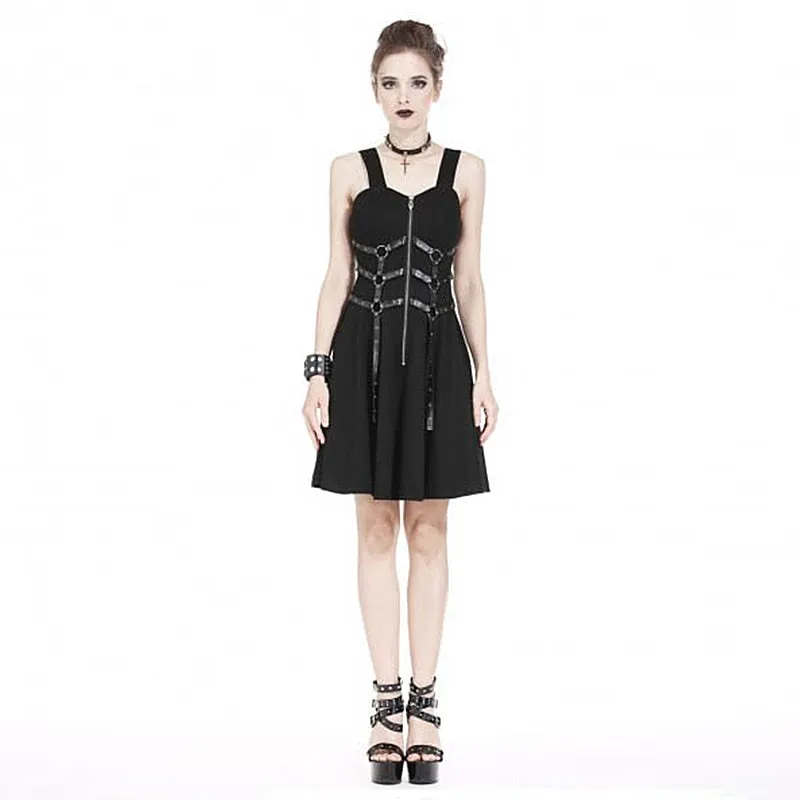 Gothic Black Mini Dress with Buckles