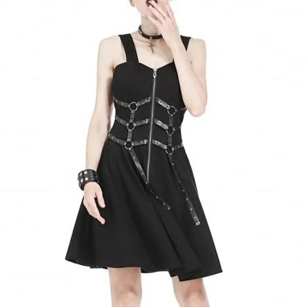 Gothic Black Mini Dress with Buckles