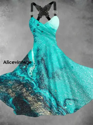 Gradient Marble Art Print Vintage Suspender Dress