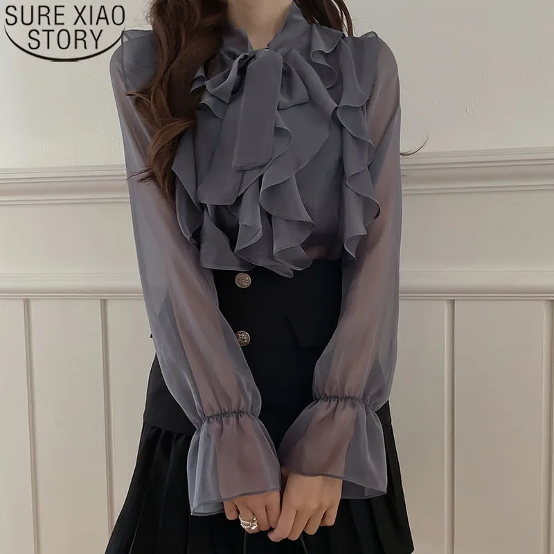 Graduation Gifts  New Korean Chiffon Blouse Office Lady Fashion Tops Sweet Bow Blouse Women Blouses Casual Long Sleeve Summer Blouses Blusas 13864