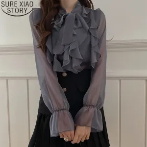 Graduation Gifts  New Korean Chiffon Blouse Office Lady Fashion Tops Sweet Bow Blouse Women Blouses Casual Long Sleeve Summer Blouses Blusas 13864