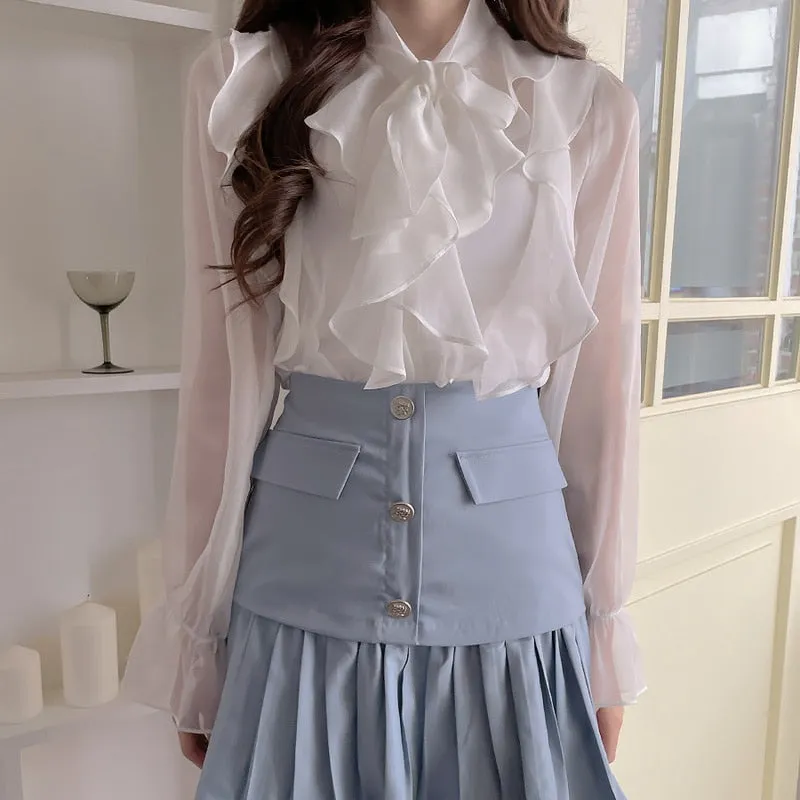Graduation Gifts  New Korean Chiffon Blouse Office Lady Fashion Tops Sweet Bow Blouse Women Blouses Casual Long Sleeve Summer Blouses Blusas 13864