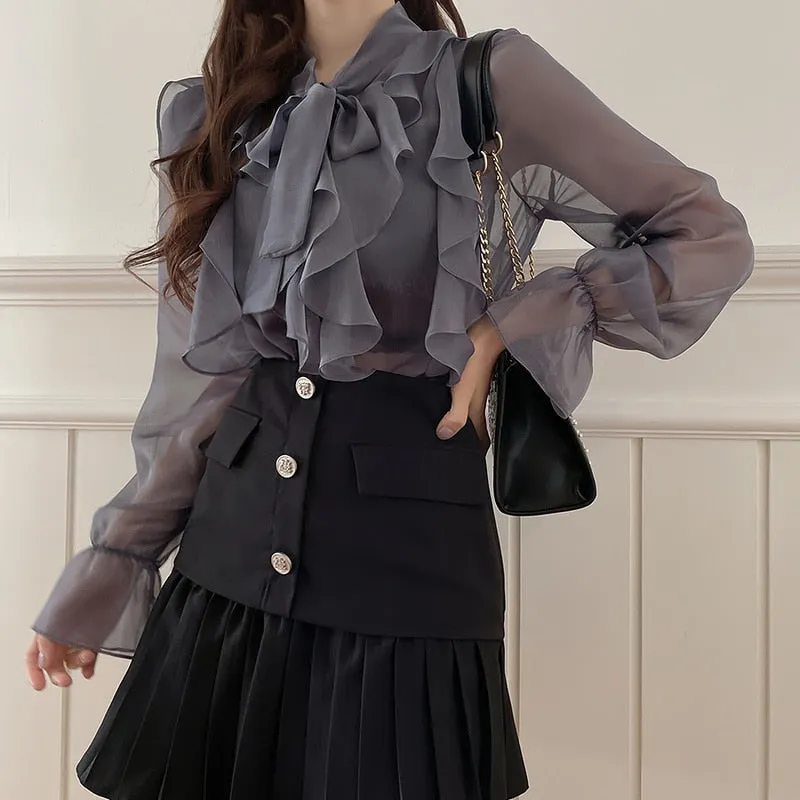 Graduation Gifts  New Korean Chiffon Blouse Office Lady Fashion Tops Sweet Bow Blouse Women Blouses Casual Long Sleeve Summer Blouses Blusas 13864