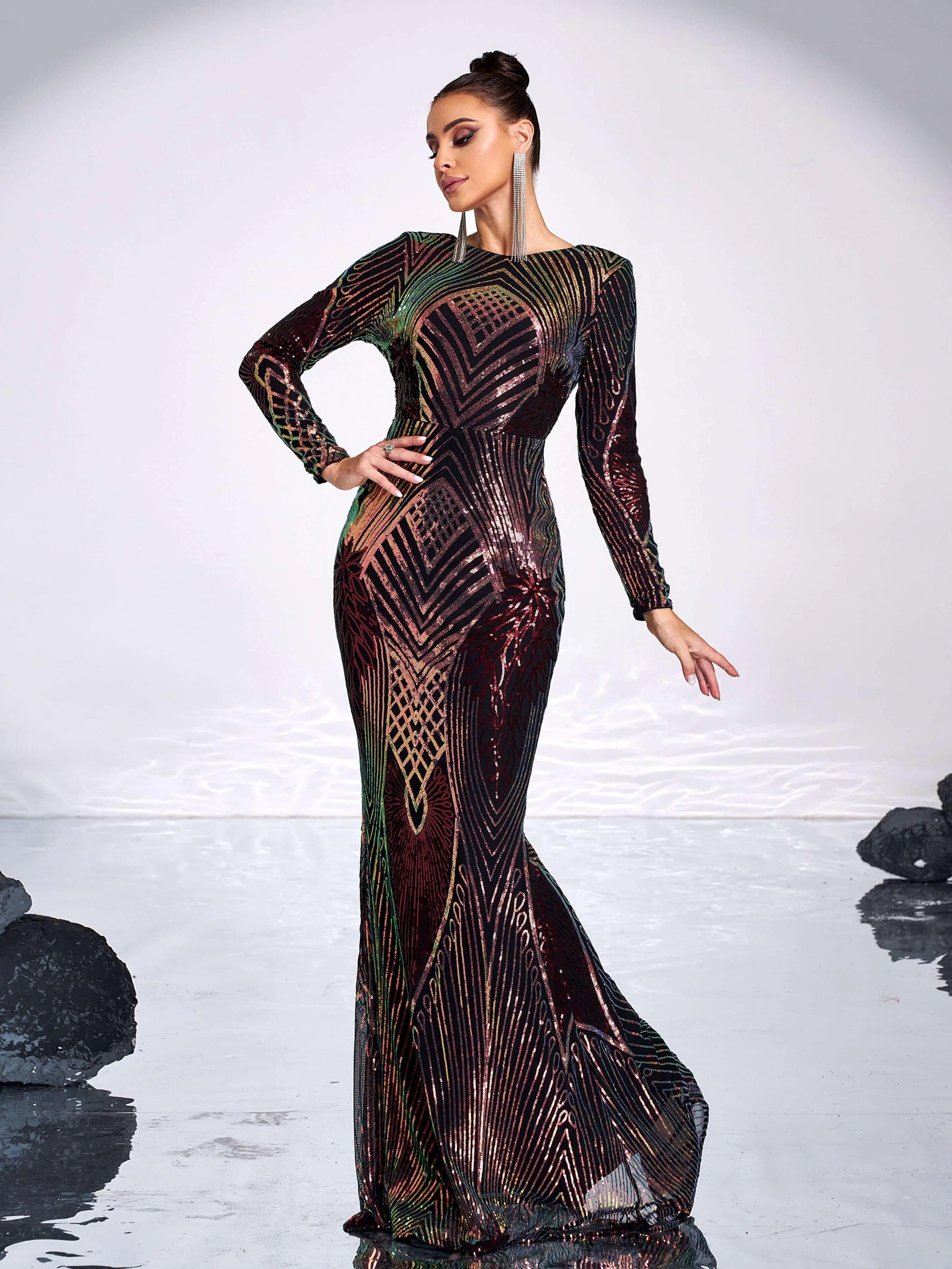Graphic Sequin Mermaid Fromal Dress FT19747