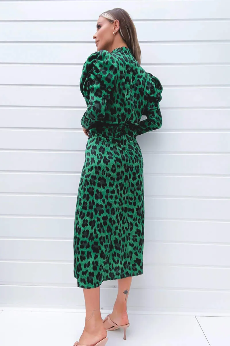 Green and Black Animal Print Puff Long Sleeve Midi Dress