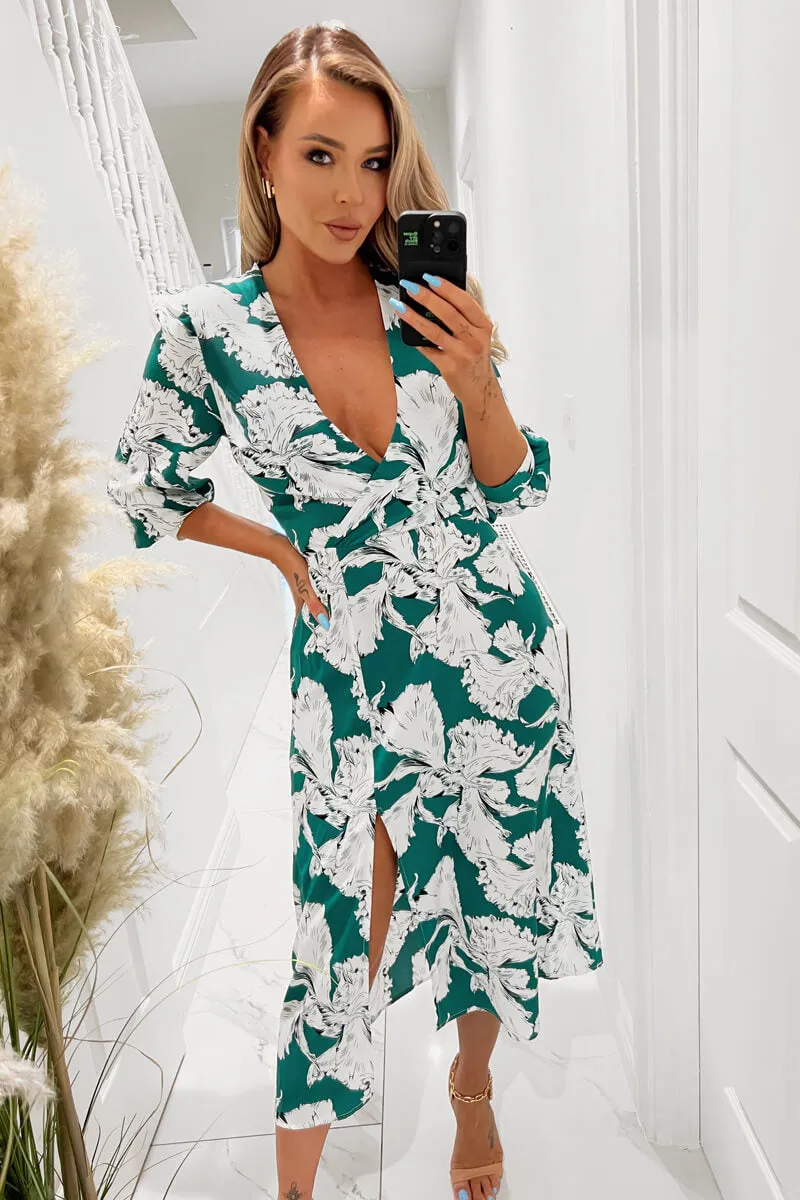 Green And White Floral Print Wrap Top Midi Dress