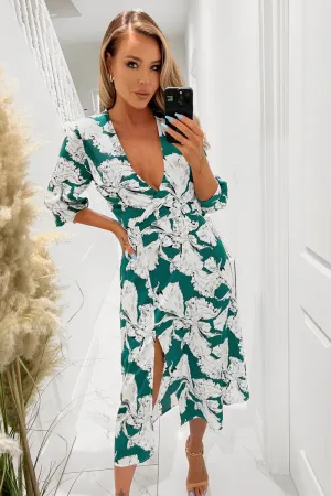 Green And White Floral Print Wrap Top Midi Dress