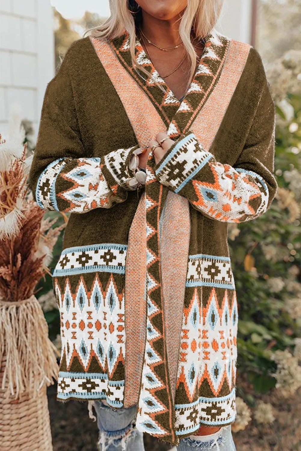 Green Aztec Print Open Front Knitted Cardigan