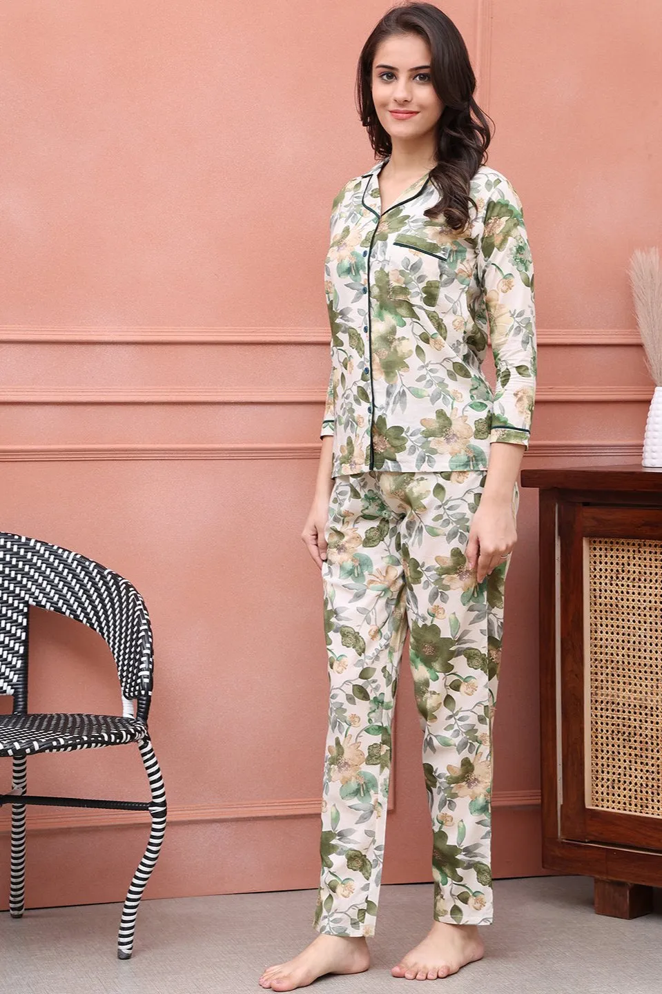 Green Floral Printed Viscose Rayon Night Suit for Women | S-XXL | Claura