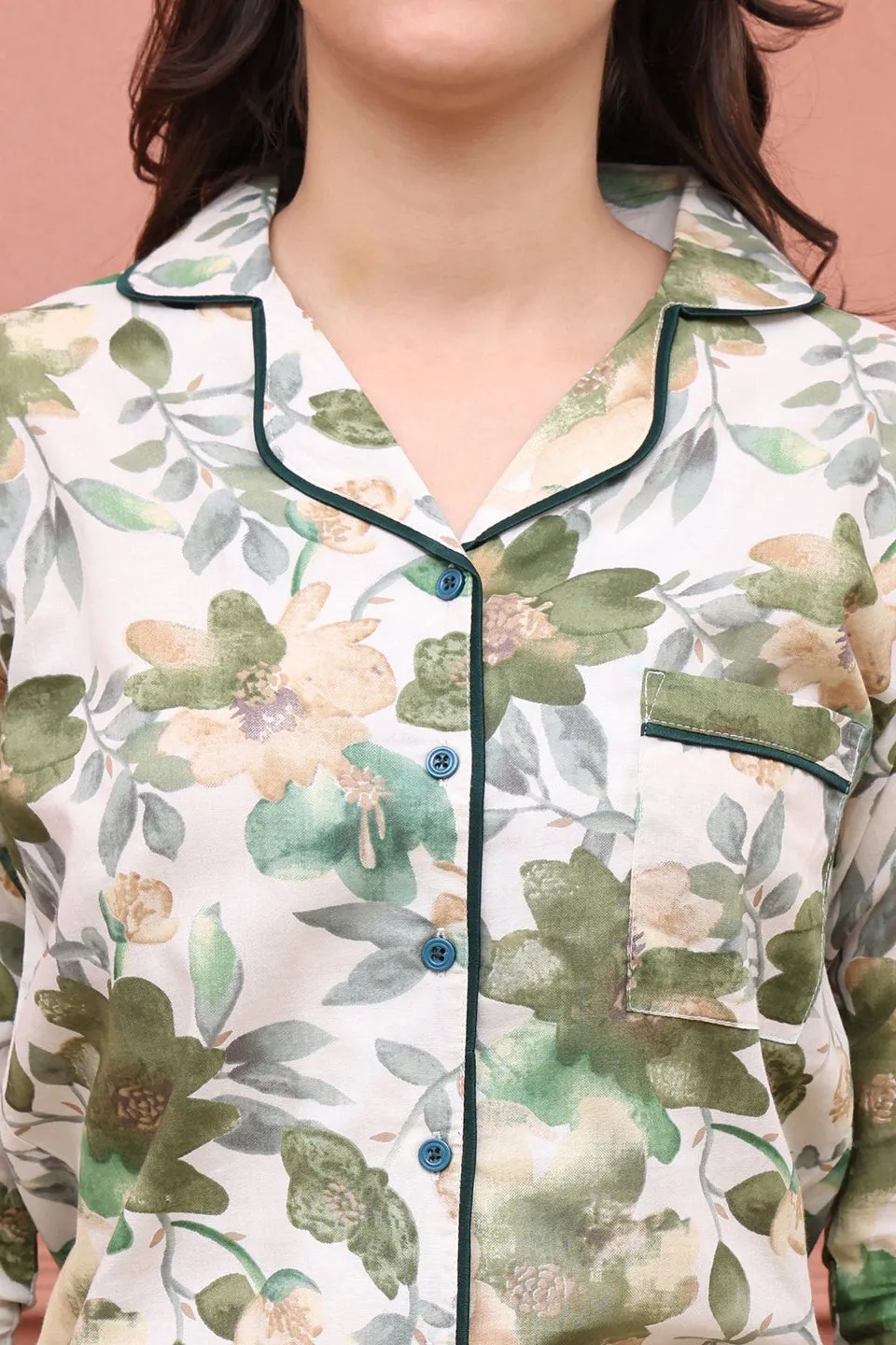 Green Floral Printed Viscose Rayon Night Suit for Women | S-XXL | Claura