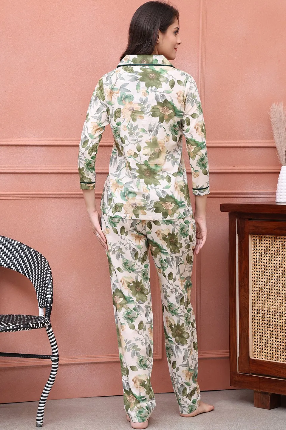 Green Floral Printed Viscose Rayon Night Suit for Women | S-XXL | Claura