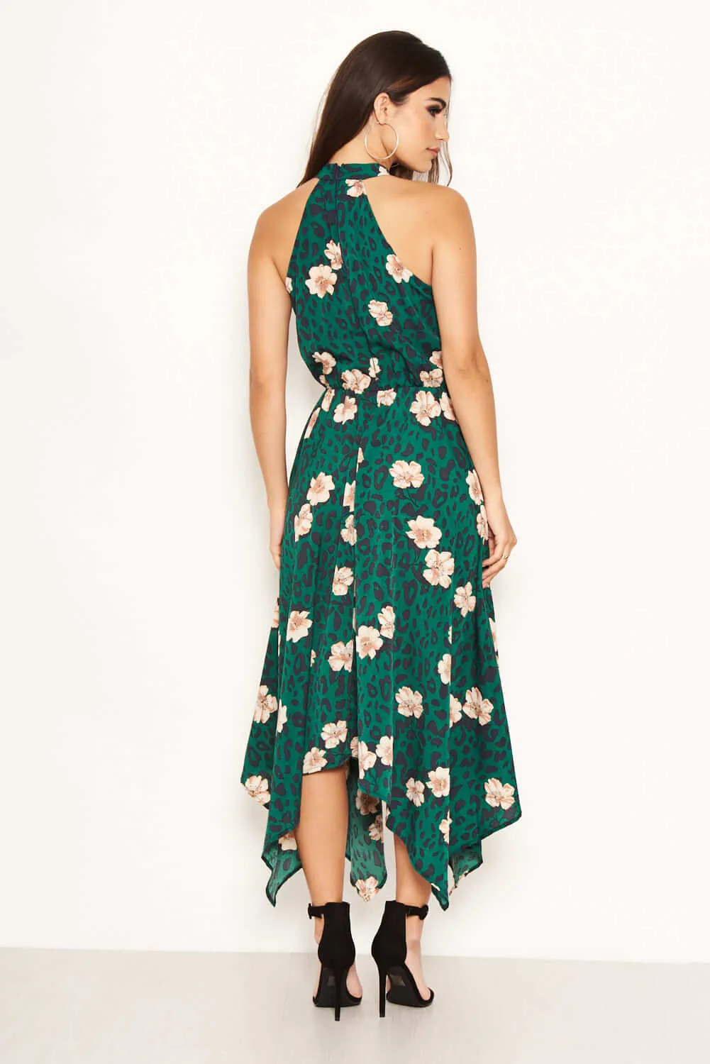 Green Leopard Print High Neck Dress