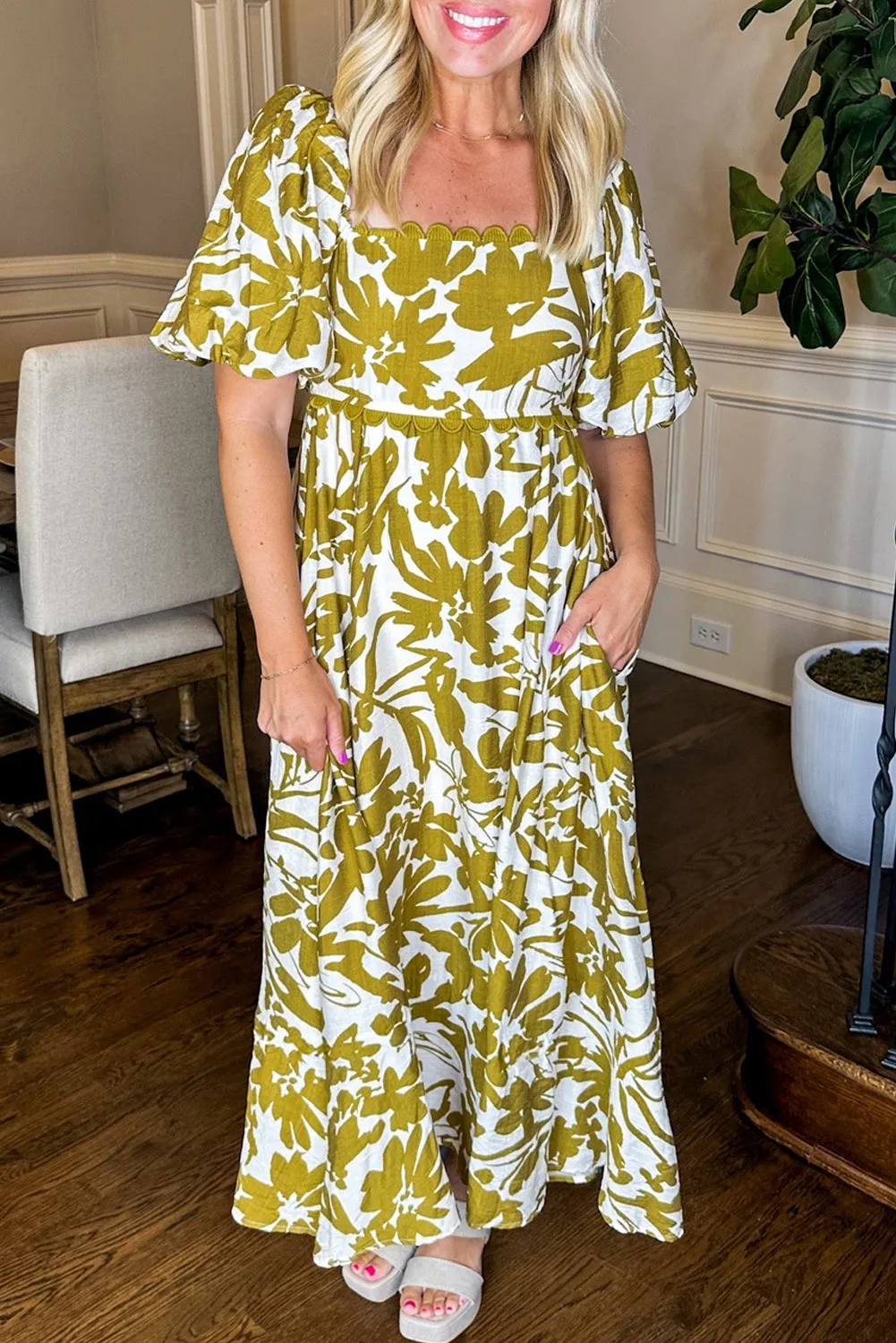 Green Scalloped Trim Square Neck High Waist Floral Maxi Dress