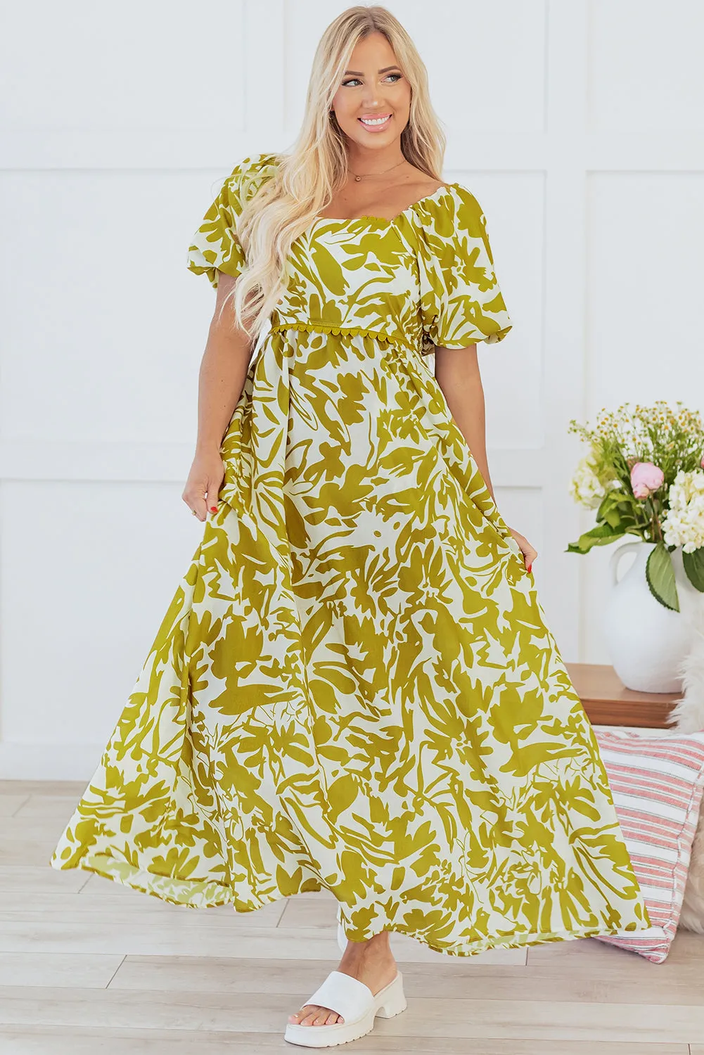 Green Scalloped Trim Square Neck High Waist Floral Maxi Dress