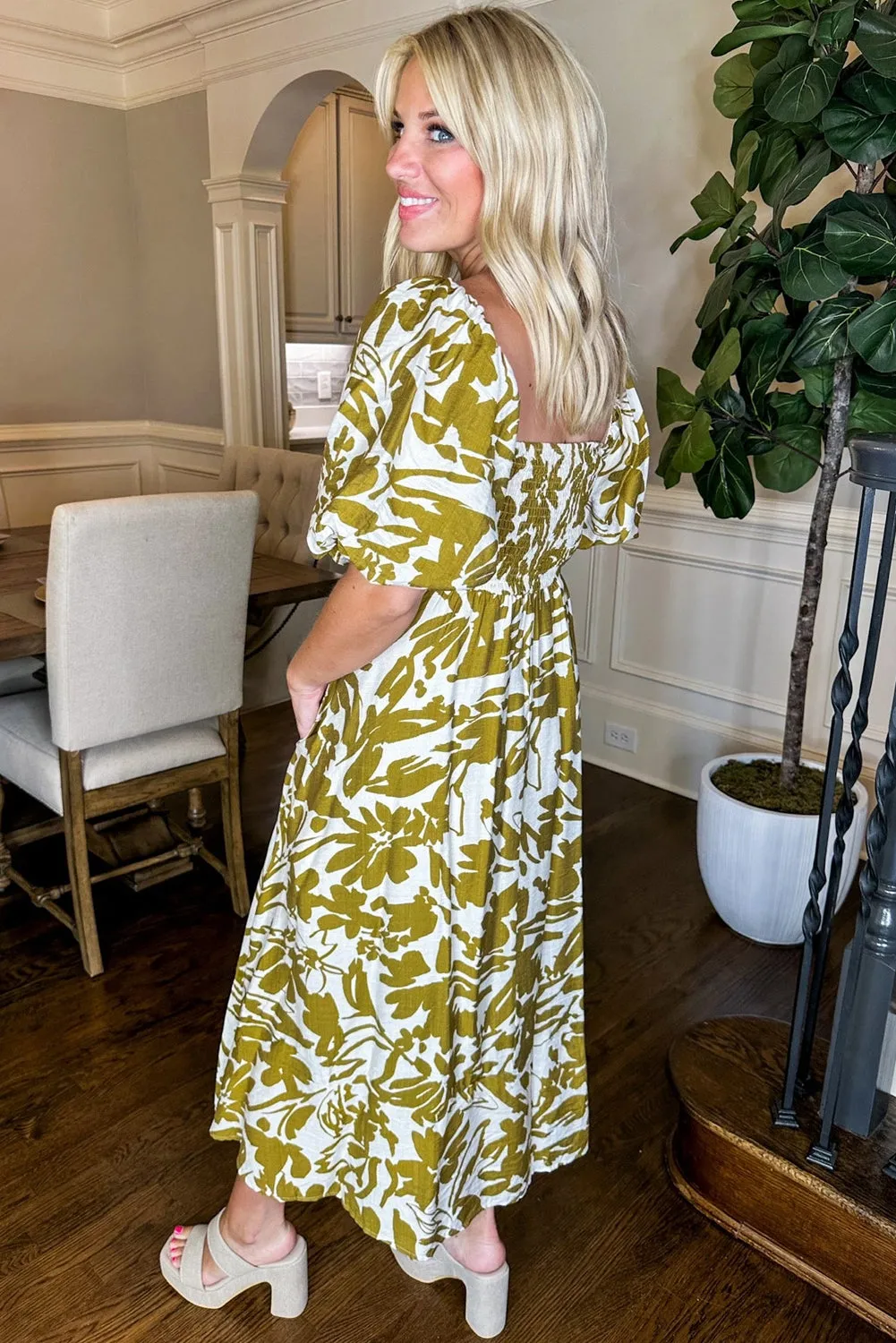 Green Scalloped Trim Square Neck High Waist Floral Maxi Dress