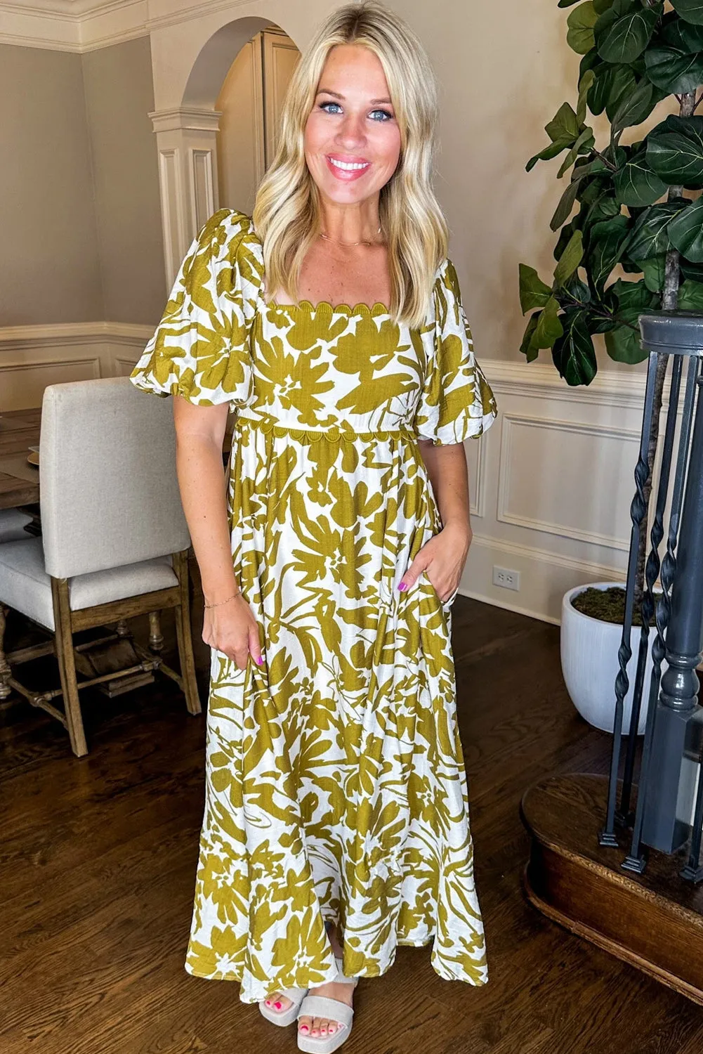 Green Scalloped Trim Square Neck High Waist Floral Maxi Dress