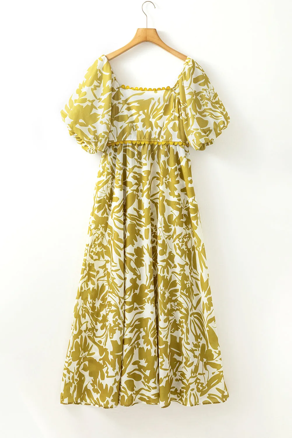 Green Scalloped Trim Square Neck High Waist Floral Maxi Dress
