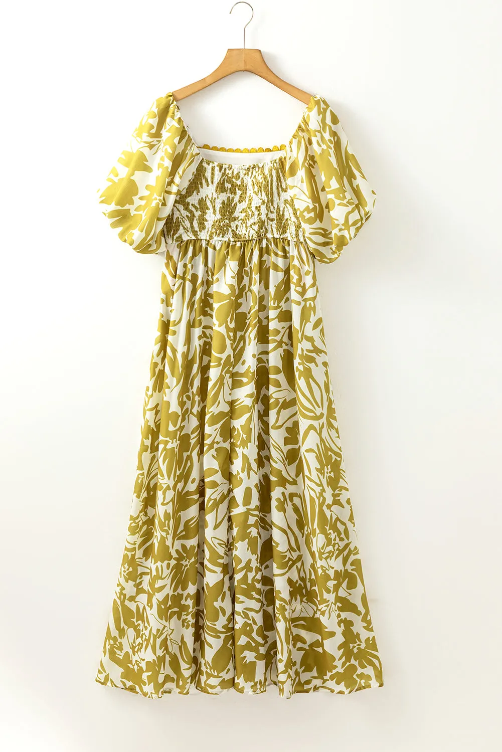 Green Scalloped Trim Square Neck High Waist Floral Maxi Dress