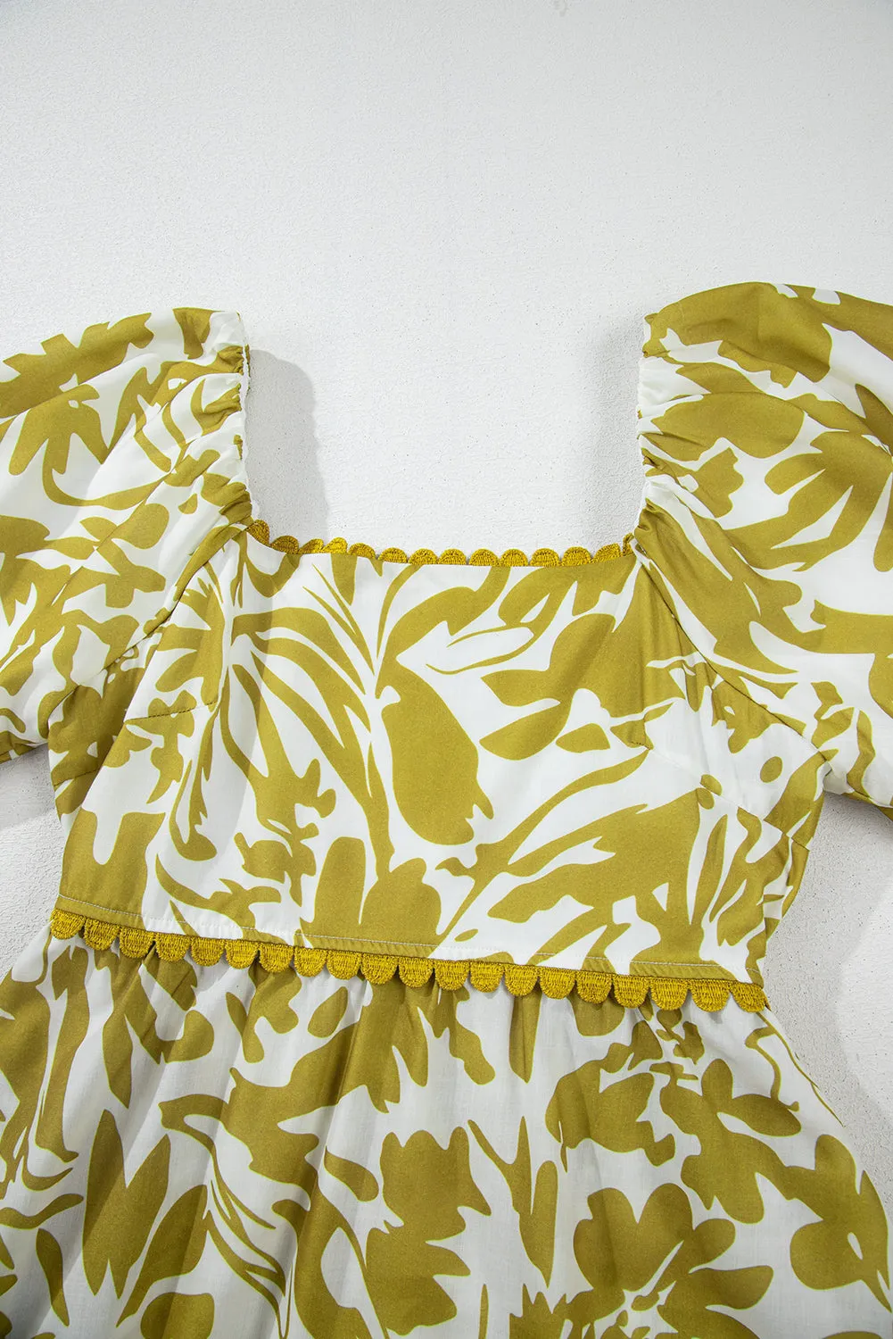 Green Scalloped Trim Square Neck High Waist Floral Maxi Dress