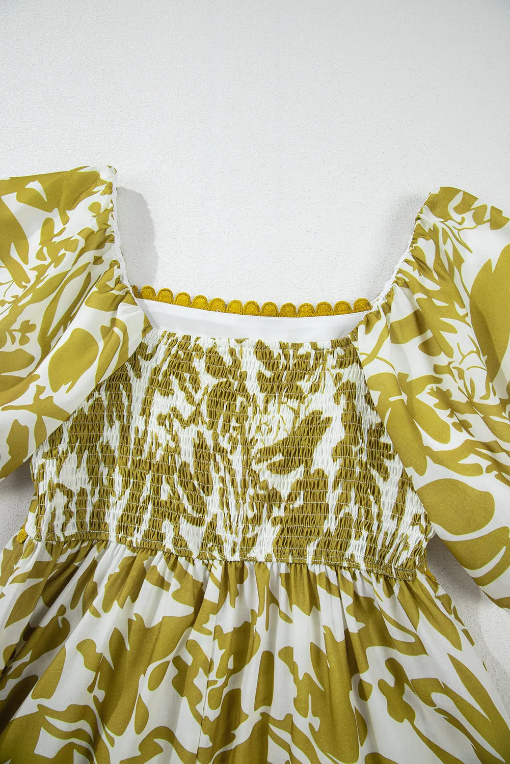 Green Scalloped Trim Square Neck High Waist Floral Maxi Dress