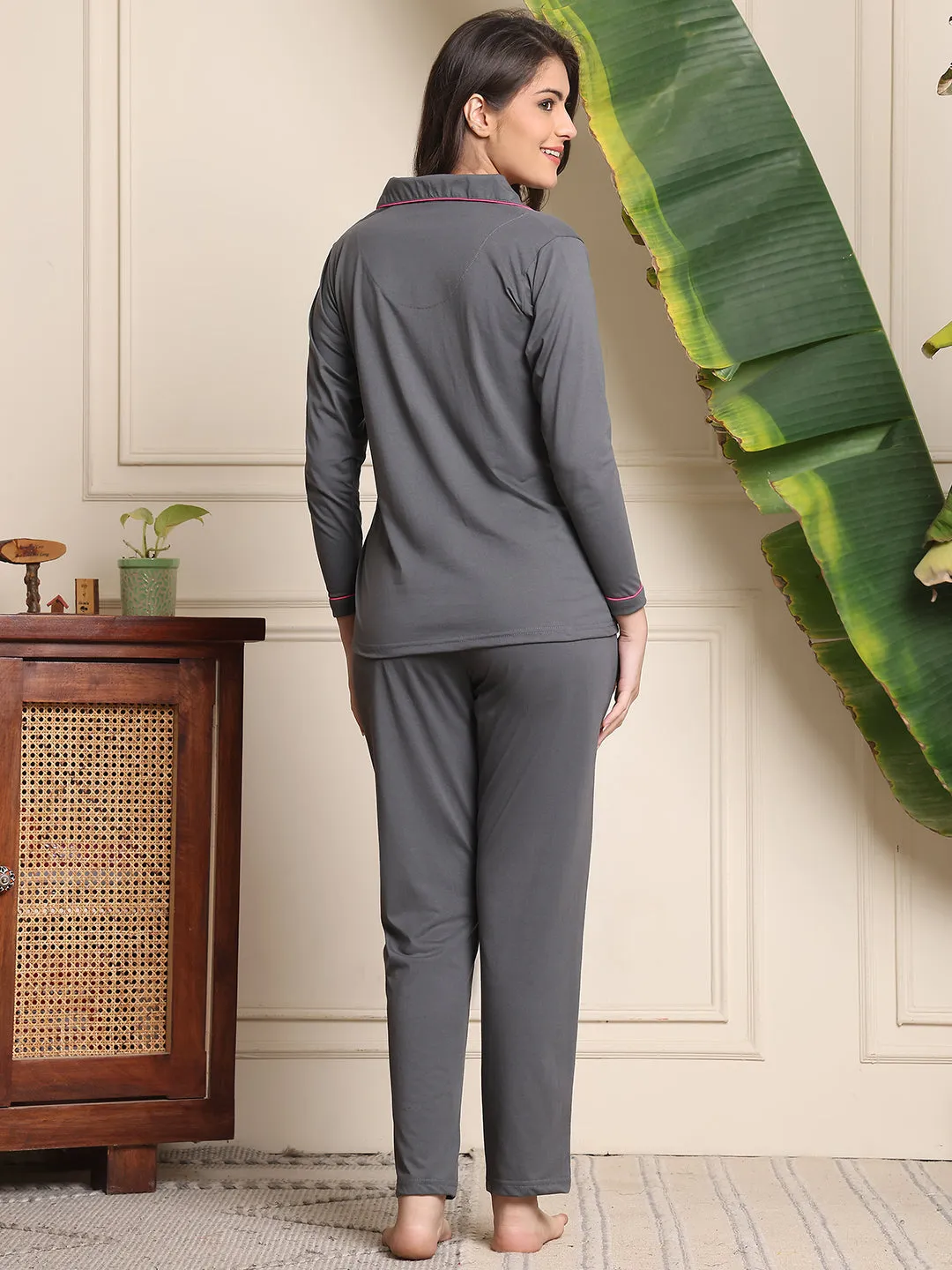 Grey Solid Printed Cotton Night Suit for Women | S-XL | Claura