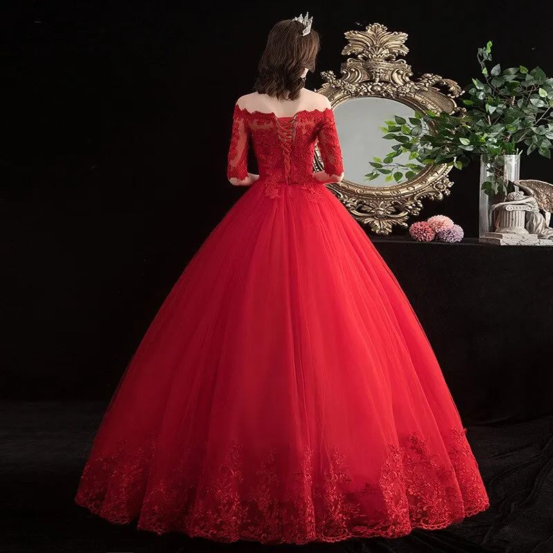 Half-sleeve Red Wedding Dress Lace Up Bride Plus Size Wedding Dresses