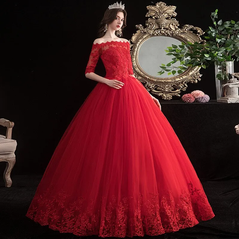 Half-sleeve Red Wedding Dress Lace Up Bride Plus Size Wedding Dresses