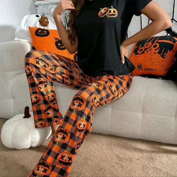Halloween Themed Pumpkin Plaid Print Casual 2pcs Outfit