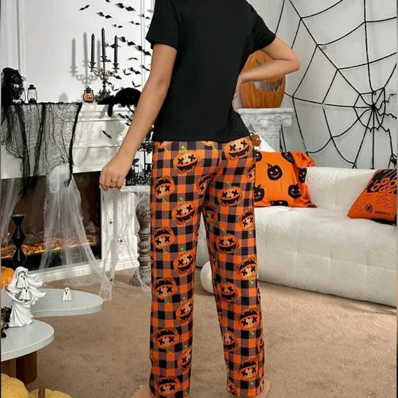 Halloween Themed Pumpkin Plaid Print Casual 2pcs Outfit