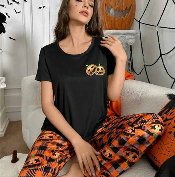 Halloween Themed Pumpkin Plaid Print Casual 2pcs Outfit