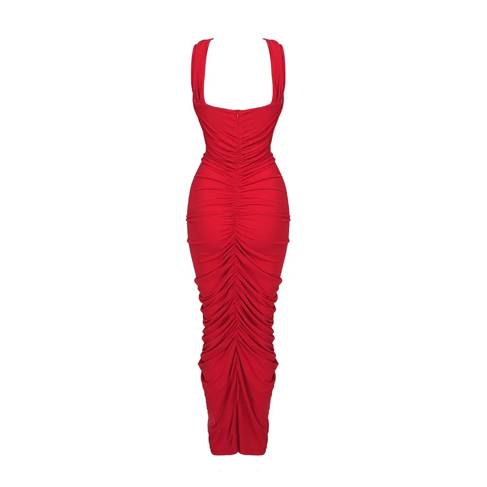 Halter Cut Out Ruched 3-D Flower Midi Dress