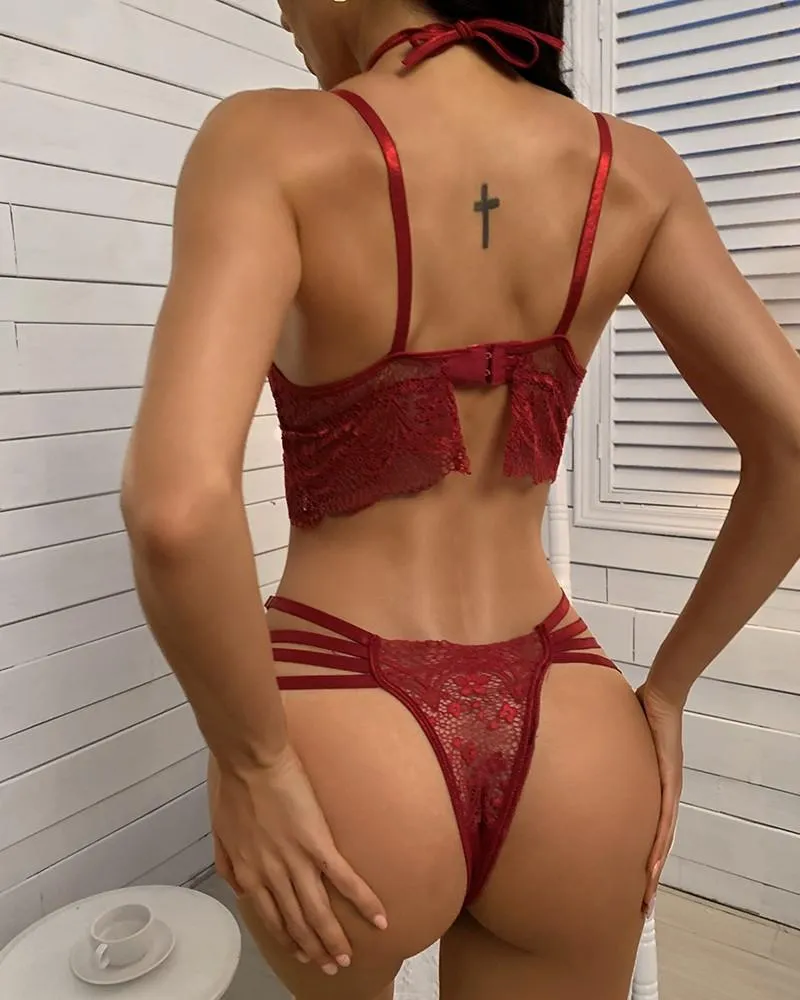 Halter Lace Bandage Detail Lingerie Set