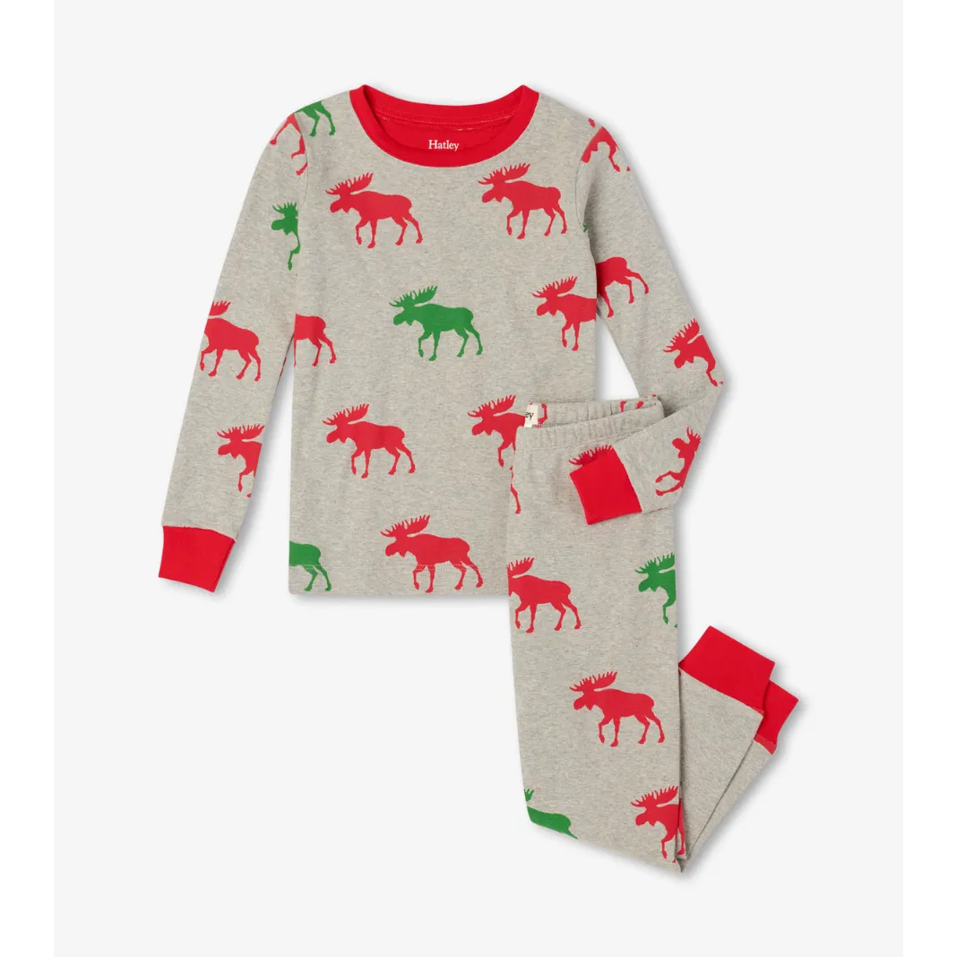 Hatley Holiday Moose Organic Cotton Pajama Set - Grey Melange