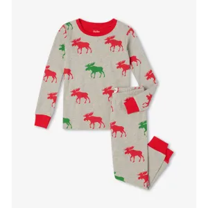 Hatley Holiday Moose Organic Cotton Pajama Set - Grey Melange