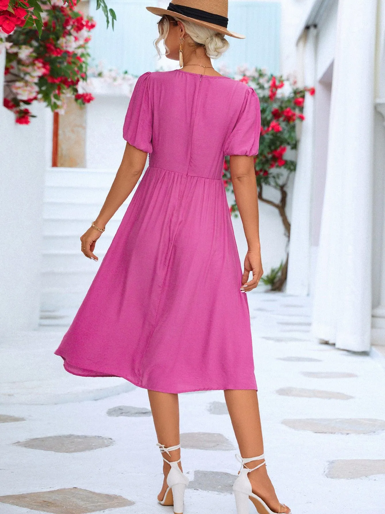 Hazel Blues® |  Twisted Short Puff Sleeve V-Neck Dress