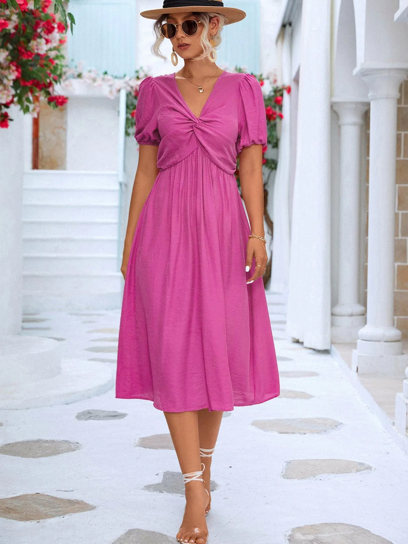 Hazel Blues® |  Twisted Short Puff Sleeve V-Neck Dress