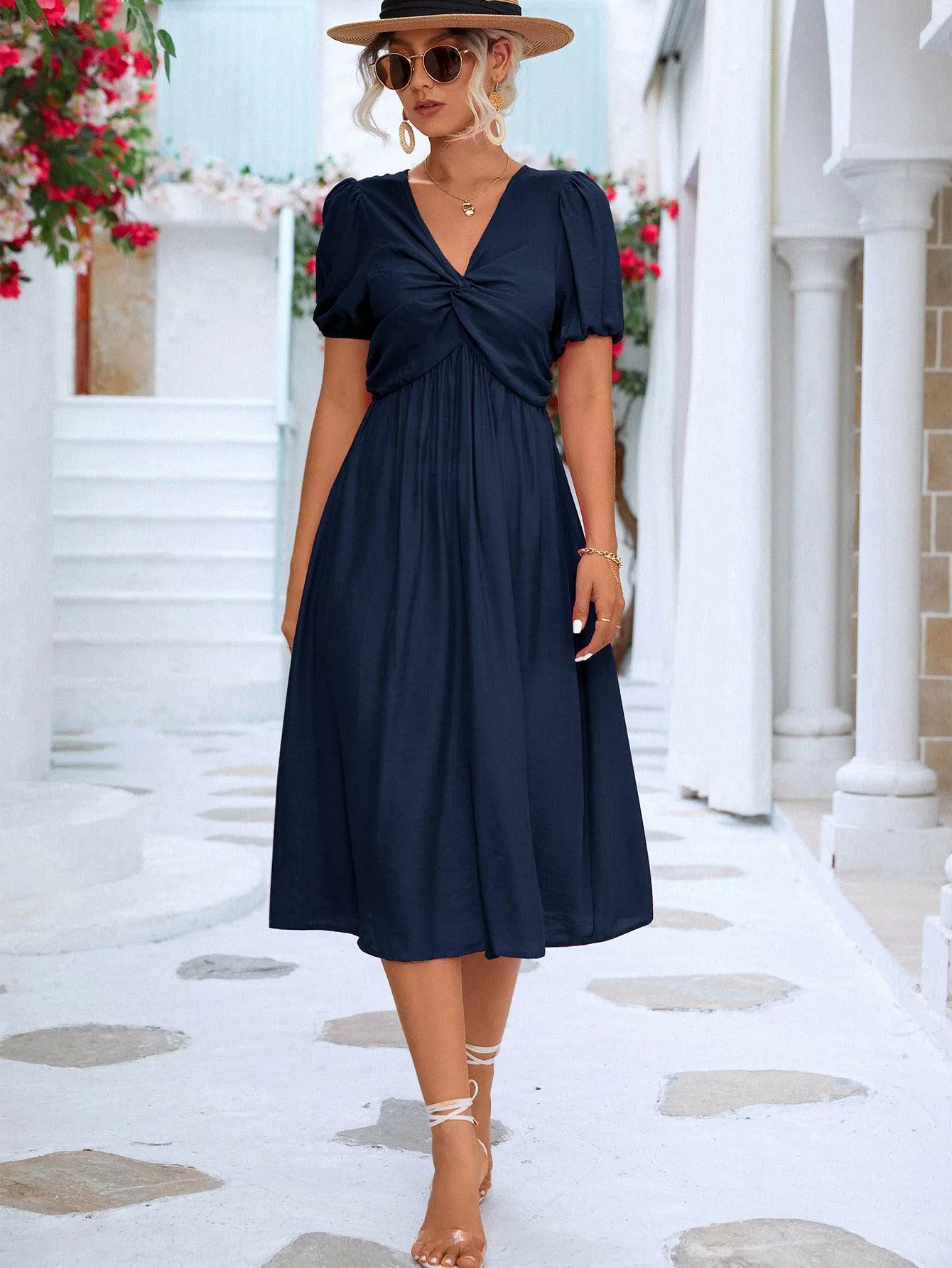 Hazel Blues® |  Twisted Short Puff Sleeve V-Neck Dress